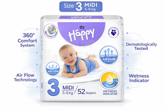 Happy Pants Midi Art.BB-055-MU26-001  Vaikiškos kelnaitės 4 dydis nuo 6-11kg, 26vnt.