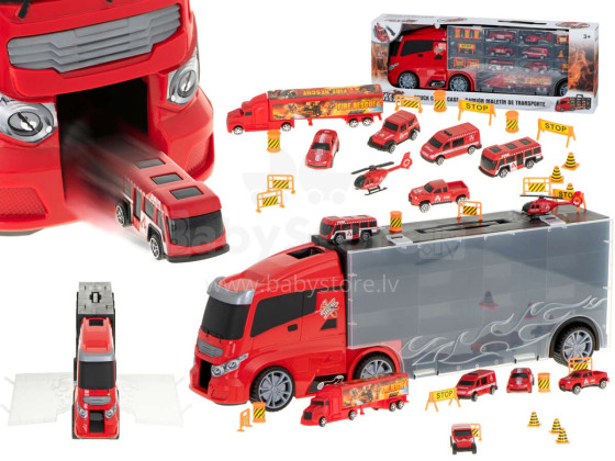 Ikonka Art.KX5993 Transporter truck TIR launcher in suitcase + 7 cars fire brigade