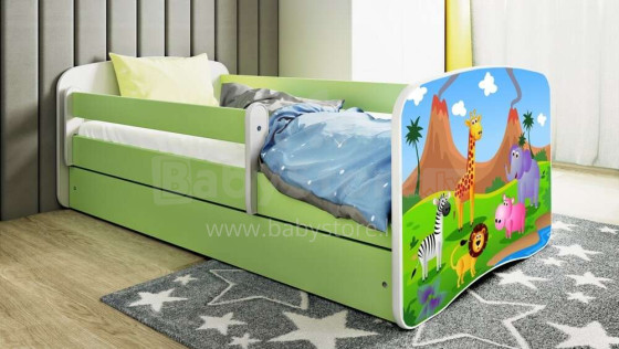 Bed babydreams green safari with drawer with non-flammable mattress 140/70