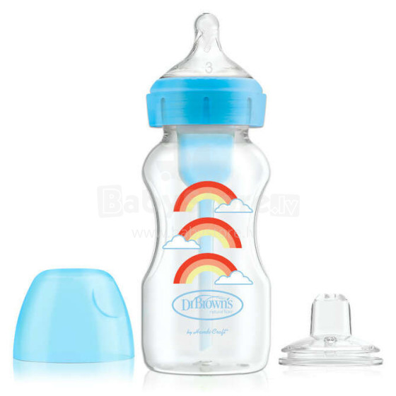 WB91605  9 oz/270 ml PP Wide-Neck Options+ Blue Rainbows Bottle w/ Sippy Spout (+L3 Nipple in Bottle), 1-Pack