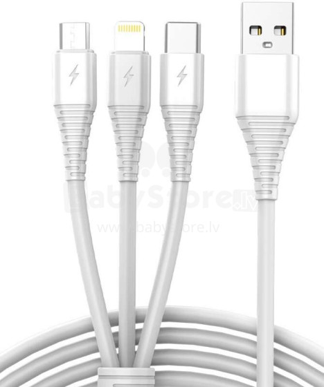 Ikonka Art.KX4242 USB 3in1 micro USB, USB-C, zibspuldzes kabelis 1 m, balts