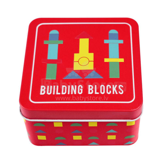 Wooden building blocks in a tin, Rex London