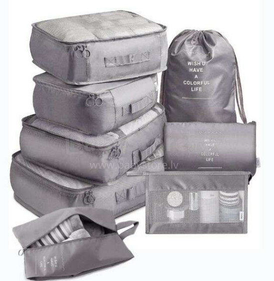 Ikonka Art.KX4110_3 Lagaminų organizatoriai kelionių rinkinys 7 dalių drabužių laikymo reikmenys vandeniui atsparūs krepšiai makiažo krepšys batų krepšys pilkas