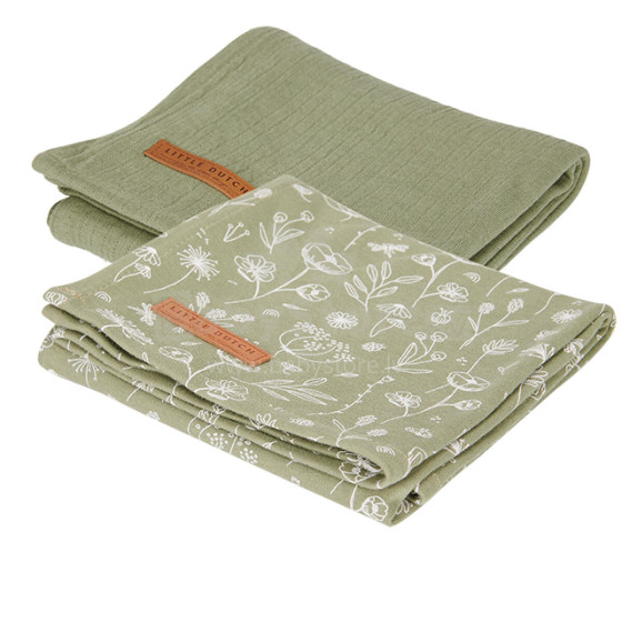 Little Dutch Muslin Swaddles Art.TE50321011 Pure Olive Aukščiausios kokybės muslino vyniojimo sauskelnės iš bambuko, 2 vnt. (70x70 cm)