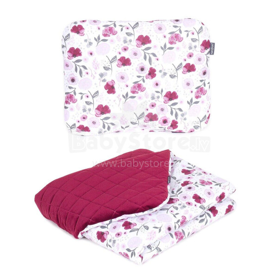 Baby blanket (75x100) + pillow (30x38), flowers Orphans, dark red