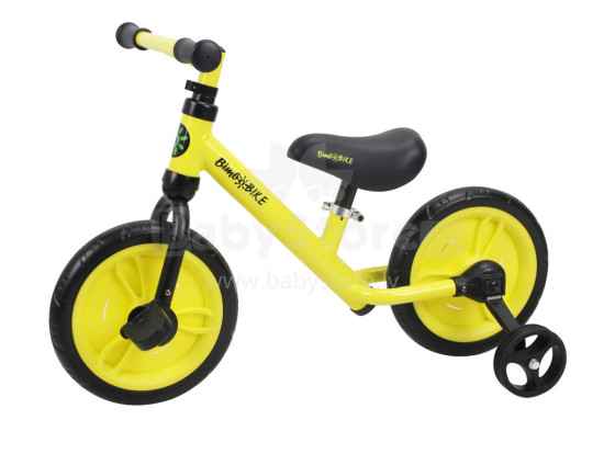 2in1 balance bike 11 with training wheels and adjustable seat height, yellow/black