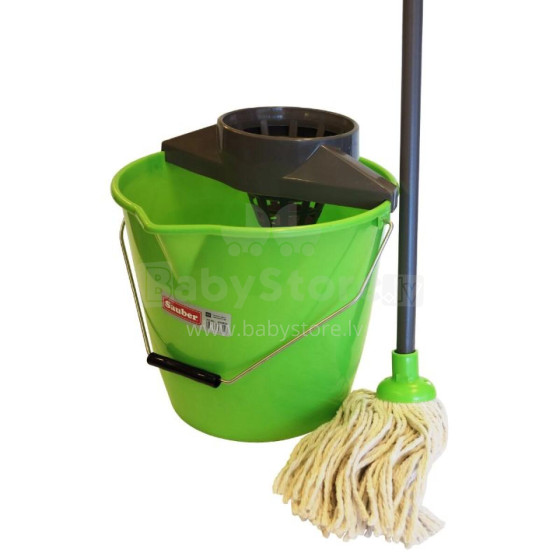 Round bucket 12L with push handle, metal handle and mop set 