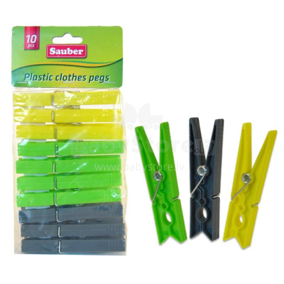 Plastic laundry hooks 10pcs green/yellow/grey