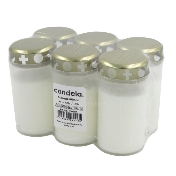 Grave candles with caps set of 6, burning time ~40h, white