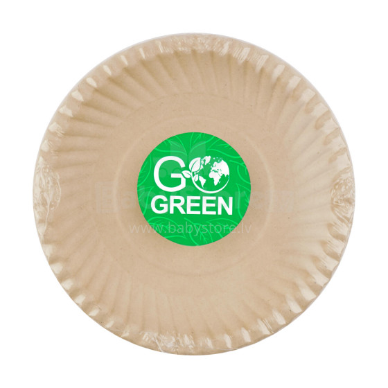 Kompostuojamos cukranendrių lėkštės su "Go Green" raštu Ø23cm 10 vnt/0,15kg