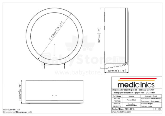 MEDICLINICS PR2787 TOILET PAPER DISP. INDUST.27,5Øcm, WHITE