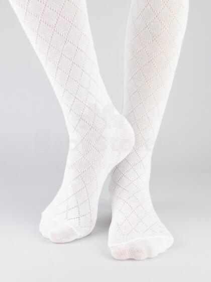 NOVITI RB010-G-01 Cotton jacquard tights, rhombus pattern, white 56/62