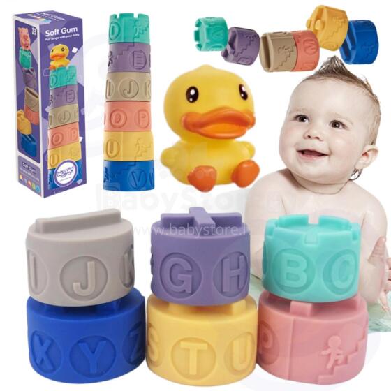 WOOPIE BABY Sensoriniai kaladėlės Dėlionės Piramidė Vandens Garsui Mokytis Abėcėlės Antis 7 vnt.