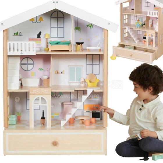 CLASSIC WORLD Large Wooden Dollhouse 2 Figures NATURAL WOOD 28 pcs.