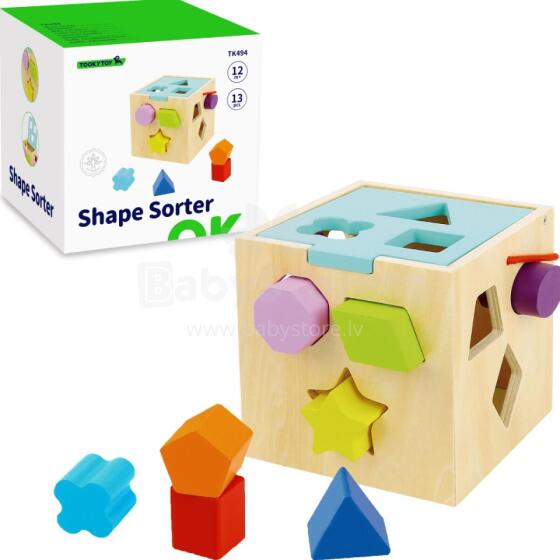 TOOKY TOY Medinis formų rūšiuotojas spalvingas kubas su spalvingais raštais 13 vnt.