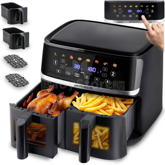 Didelis 10.2L be aliejaus keptuvas Oro keptuvas XL Dviejų kamerų Berdsen 1700W BD-657 Juodas