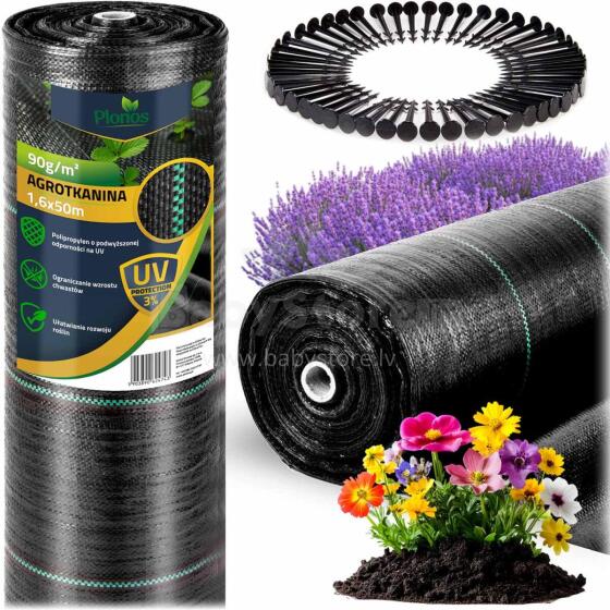 Garden agro cloth 1.6 m x 50 m 90 g/m2 + 50 stakes Plonos - black