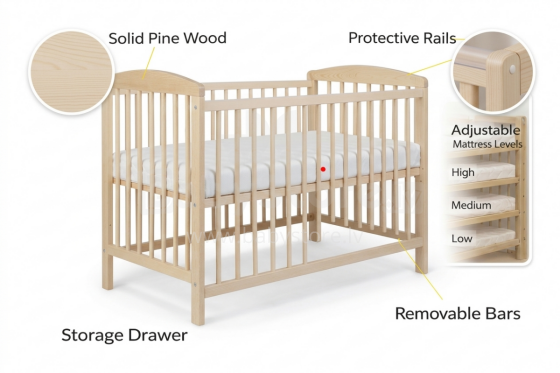 La Bebe™ Kids Wood Cot Sosna Art.279424 Natural Vaikiška medinė lovelė 120x60 cm