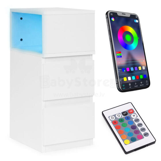 LED bedside table bedroom, cabinet with 2 drawers, white, ModernHome