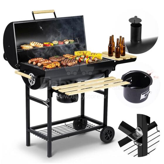Garden charcoal grill barrel with chimney shelves + thermometer + ashtray Berdsen BD-895 black