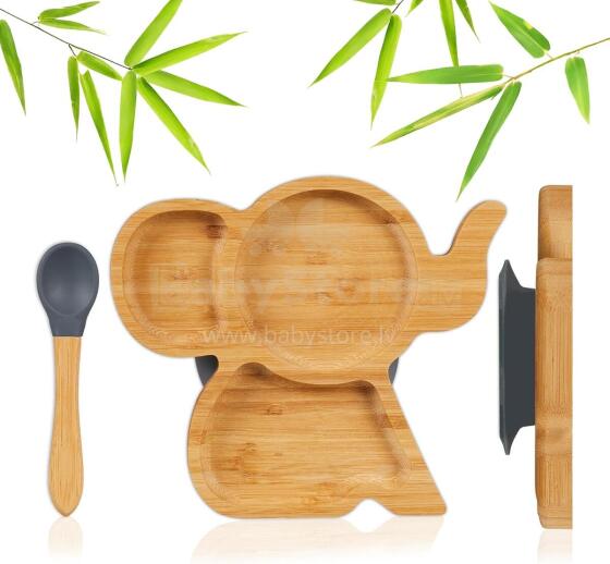 Bamboo Wood Plate Art.285615 Medinė lėkštė su siurbtuku ir skyreliais