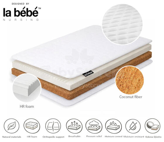 La Bebe™ Natural coconut fiber and HR foam mattress for bed, SLEEP 120×60×9 cm (6 cm coconut + 2 cm HR foam)