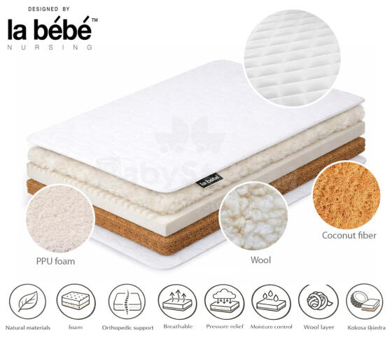 La Bebe™ mattress 140×70 cm (Space), coconut fiber + PPU foam + wool, 6 cm coconut + 2 cm PPU foam