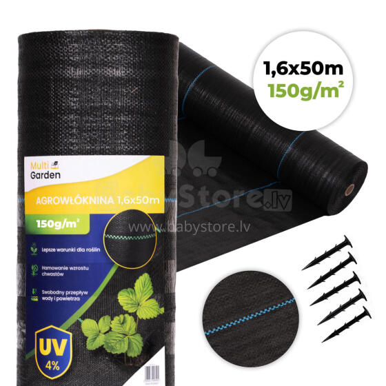 Black UV-resistant agro fabric 150 g/m² weed control mat 1.6×50 m, pins, MultiGarden