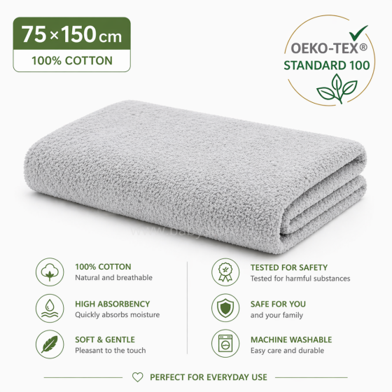 Bebe Basic Cotton Baby Towel  Art.288862 Light Grey Medvilninis rankšluostis 75x150 cm (100% medvilnė)