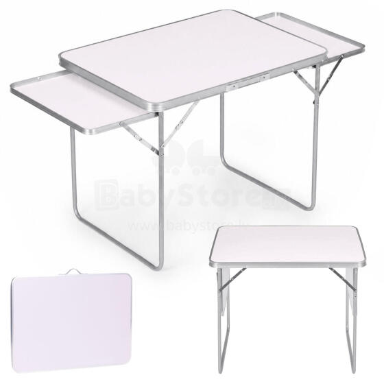 Stalas turistinis 120x60 cm sulankstomas į lagaminą 2 lentynos baltas MultiGarden