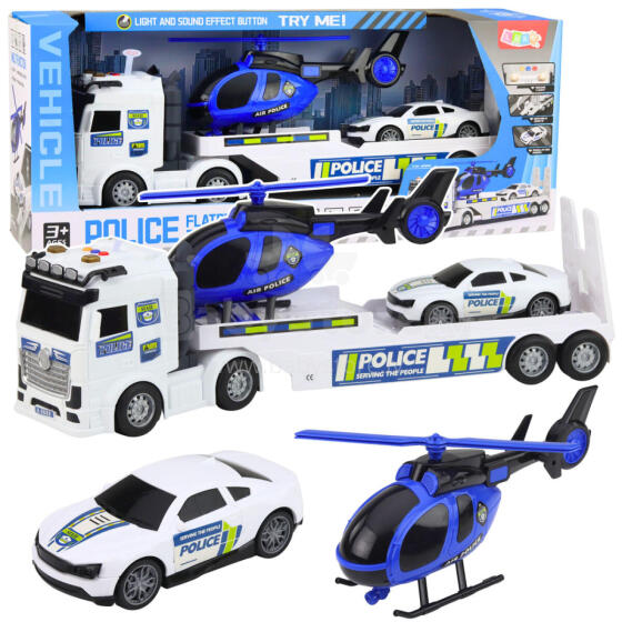 Policijos sunkvežimis, vilkikas, automobilis, sraigtasparnis, šviesos, garsai