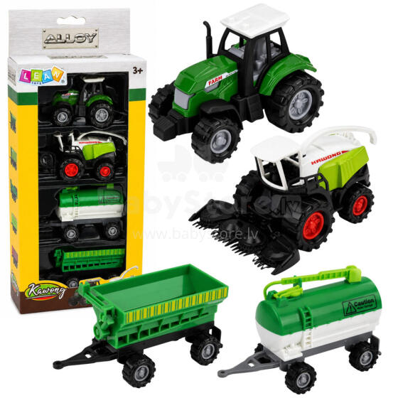 Žemės ūkio transporto priemonių rinkinys: traktorius, pašarų derintojas, cisterna, tręšimo mašina 1:68 4 vnt.