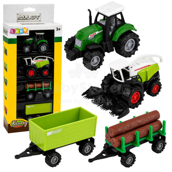 Žemės ūkio transporto priemonių rinkinys: traktorius, pašarų pjovimo mašina, medienos priekaba 1:68 4 vnt.