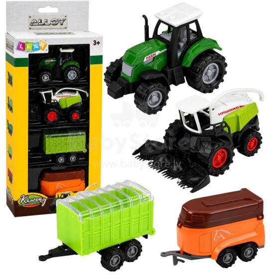 Žemės ūkio transporto priemonių rinkinys: traktorius, pašarų kombainas, priekabos 1:68, 4 vnt.