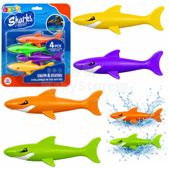 Set of Toys for Learning to Dive, Bath, Pool, Colorful Sharks, 4 pcs.