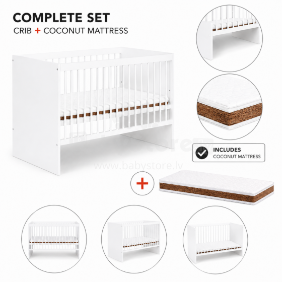Klups Dalia Set Art.299154 White  Детская деревянная кроватка 120x60см без ящика+ кокосовый матрас 120x60x8см
