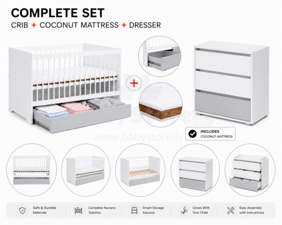 Klups Dalia Set Art.299159 White/Grey  Детская деревянная кроватка 120x60см с выдвижным ящиком+ кокосовый матрас 120x60x8см+комод