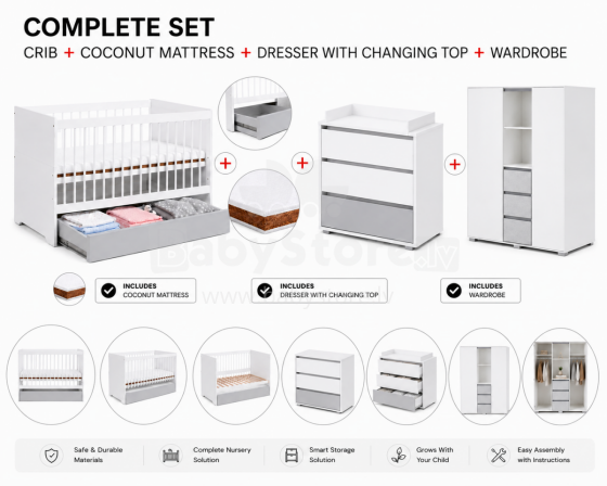 Klups Dalia Set Art.299161 White/Grey Set: Wooden baby crib (120x60 cm, without drawer) + coconut fiber mattress (120x60x8 cm) + dresser with changing top + wardrobe