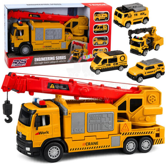 Sunkvežimis su Kranu ir Transportavimo Prietaisu Šviesos Garso Geltonas