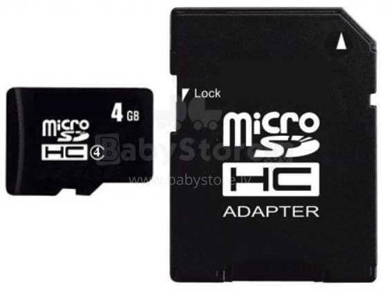 4 GB „microSDHC“ 4 klasė su SD adapteriu. DLUX atminties kortelė BULK