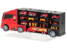 Ikonka Art.KX5993 Transporter truck TIR launcher in suitcase + 7 cars fire brigade