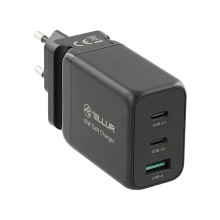 Tellur GaN 65W 3-port wall charger, 2xUSB-C + USB-A, EU,UK,US, black