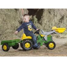 Rolly Toys RollyKid John Deere pedalinis traktorius su kibiru ir priekaba, žalias