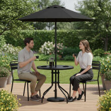 Apvalus 80 cm lauko stalas, grūdintas stiklas, skylė skėčiui, juodas MultiGarden