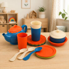 Children's Bamboo Fiber Tableware Set, Blue and Orange, 15 pcs.