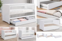 Klups Dalia Set Art.299161 White/Grey Set: Wooden baby crib (120x60 cm, without drawer) + coconut fiber mattress (120x60x8 cm) + dresser with changing top + wardrobe